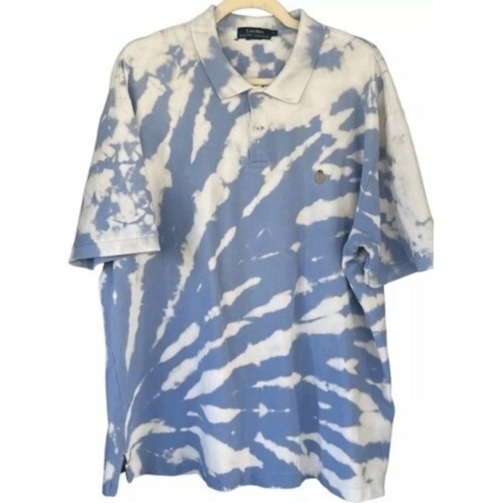 1990s Vintage Ralph Lauren Tie Dye Polo Shirt Blue White Cotton Oversized‎